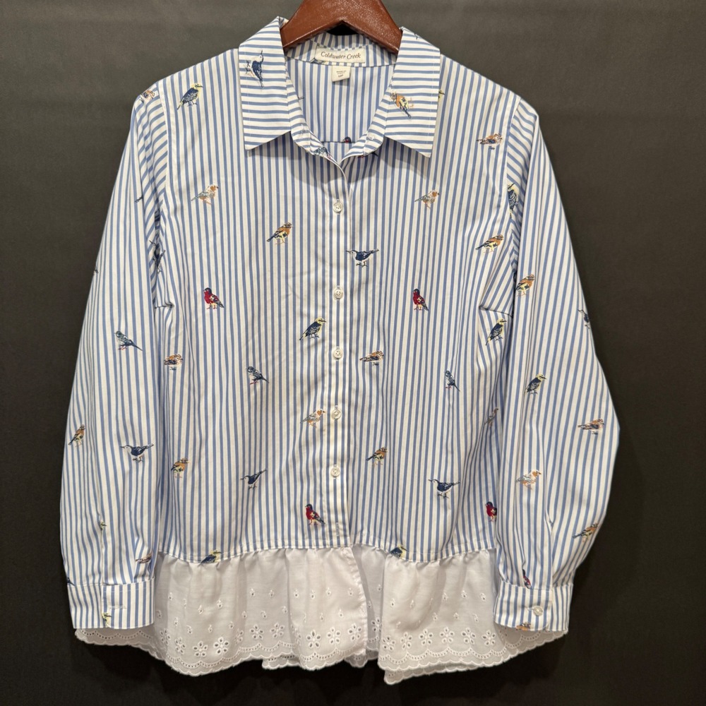 Coldwater Creek Blue Striped Bird Print Eyelet Ruffle Hem Button Down Shirt 12P